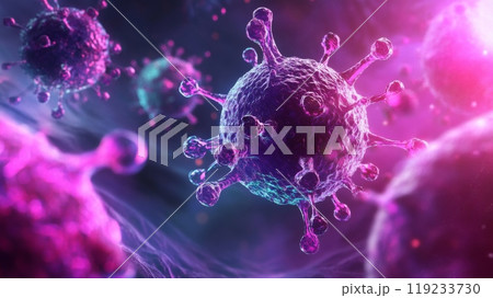 Microscopic view of coronavirus cells threatening human immune system Microscopic view of coronavirus cells threatening human immune system 119233730