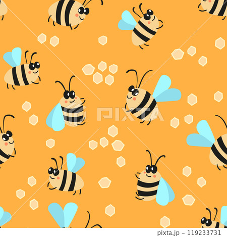 Seamless pattern with bees on color background. Small wasp. Vector illustration. Adorable cartoon character. Template design for invitation, cards, textile, fabric. Doodle style 119233731
