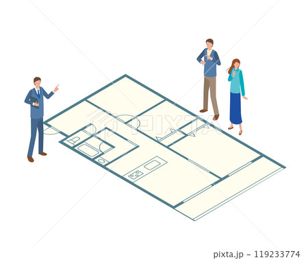 不動産業者と間取りを確認する男女 不動産業者と間取りを確認する男女 119233774