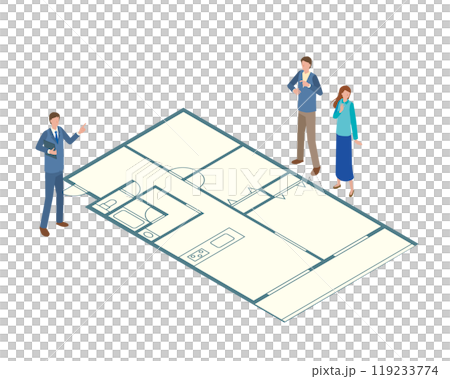 A man and a woman checking the floor plan with a real estate agent 119233774