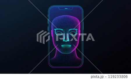 Smartphone scanning Face ID of abstract human head constructed with glowing lines 119233806