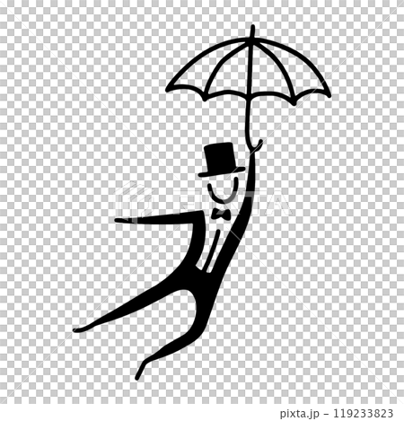 傘を持って宙に浮いている英国紳士のシンプルな線画イラスト 透過背景の切り抜き 傘を持って宙に浮いている英国紳士のシンプルな線画イラスト 透過背景の切り抜き 119233823