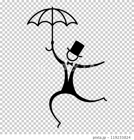 一幅簡單的線條畫插圖，描繪了一位英國紳士拿著雨傘漂浮在空中，在透明背景上剪下的圖 119233824