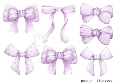 Watercolor set of isolated purple  bows on white background. Ribbons collection. Watercolor purple ribbon bow illustration for valentine, christmas, birthday, nursery, baby shower decorations. 119233951