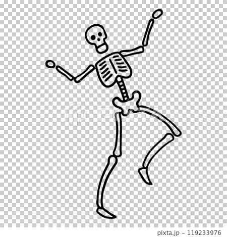 コミカルなポーズの骸骨の手描き線画イラスト　透過背景の切り抜き 119233976