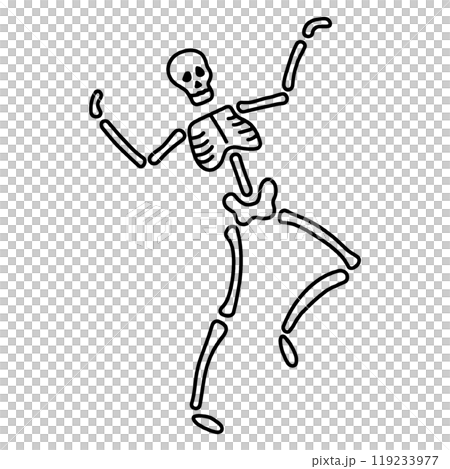 コミカルなポーズの骸骨の手描き線画イラスト　透過背景の切り抜き 119233977