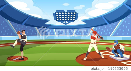 Baseball game on field. Sports tournament at stadium, players in uniform strikes ball with bat, american athletes, competition scene, cartoon flat style isolated tidy vector concept Baseball game on field. Sports tournament at stadium, players in uniform strikes ball with bat, american athletes, competition scene, cartoon flat style isolated tidy vector concept 119233996