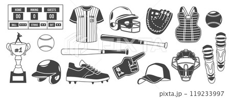 Baseball icons. Sports game elements, black silhouettes, professional equipment, uniform, scoreboard, helmet, ball and bat, score table and athletic jacket. Softball isolated tidy vector set 119233997