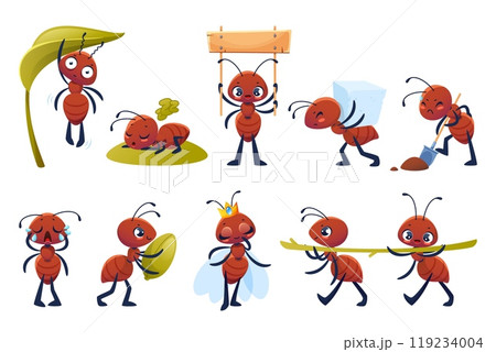 Funny little ants. Cute insects characters, different actions, postures and emotions, kids mascots, tiny creatures get food, wildlife beetle work, cartoon flat isolated illustration, vector set 119234004