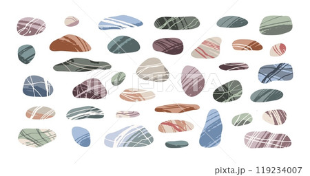 Smooth stones rolled with water. Pebble stones, rounded shapes, different textures, river coasts, seashore nature elements, sea nature, spa decorative shapes tidy vector isolated doodle set 119234007