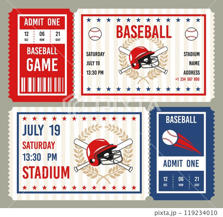 Vintage baseball tickets. Championship invitational cards, american sports game, themed events coupons, helmet, bats, balls, tournament or cup admission card, entrance pass tidy vector set Vintage baseball tickets. Championship invitational cards, american sports game, themed events coupons, helmet, bats, balls, tournament or cup admission card, entrance pass tidy vector set 119234010