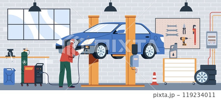 Welder is working. Man patches car with welding, professional in auto repair shop, gas cylinder, sparks, working equipment for repairing automobile, nowaday vector cartoon flat isolated concept Welder is working. Man patches car with welding, professional in auto repair shop, gas cylinder, sparks, working equipment for repairing automobile, nowaday vector cartoon flat isolated concept 119234011
