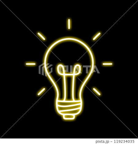 光っている豆電球の手描き線画イラスト　黒背景の切り抜き 119234035
