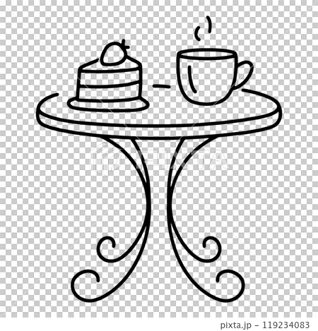Hand-drawn line drawing illustration of an antique iron table with strawberry cake and coffee on it, cut-out on transparent background 119234083