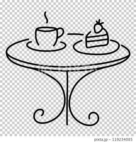 苺ケーキとコーヒーが乗っているアンティークアイアンテーブルの手描き線画イラスト 透過背景の切り抜き 苺ケーキとコーヒーが乗っているアンティークアイアンテーブルの手描き線画イラスト 透過背景の切り抜き 119234085