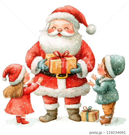 Santa Claus with children and gifts on a transparent background. Christmas scenes, holiday illustrations, gift giving, festive moments, seasonal art, greeting cards, holiday decor, winter themes. 119234091