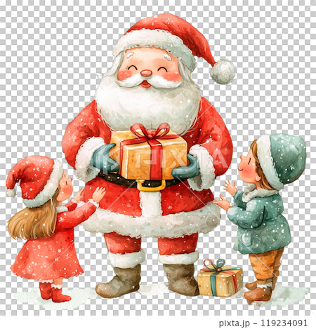 Santa Claus with children and gifts on a transparent background. Christmas scenes, holiday illustrations, gift giving, festive moments, seasonal art, greeting cards, holiday decor, winter themes. 119234091