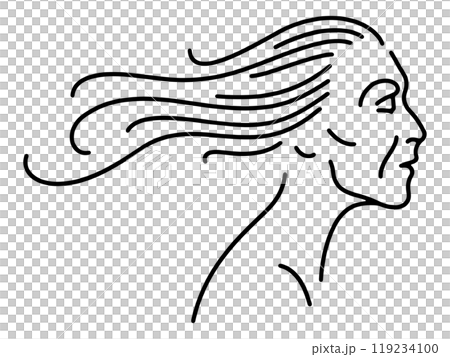 手繪線條圖描繪了一位長髮老婦的輪廓，透明背景上的切口 119234100