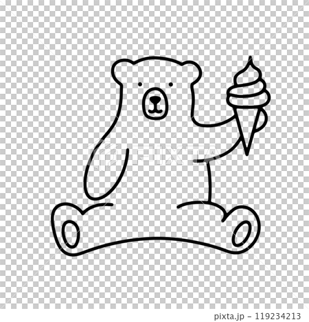 A simple line drawing of a polar bear character holding an ice cream, cut out on a transparent background 119234213