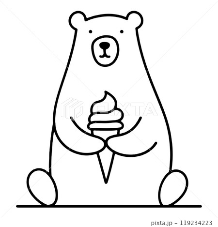 アイスクリームを持った白熊のキャラクターのシンプルな線画イラスト　透過背景の切り抜き 119234223