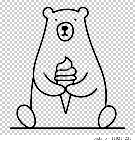 アイスクリームを持った白熊のキャラクターのシンプルな線画イラスト　透過背景の切り抜き 119234223