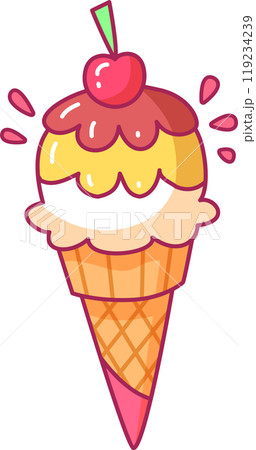 A delightful ice cream cone features layers of yellow and white ice cream topped with chocolate sauce and a bright red cherry ready to enjoy on a sunny summer day A delightful ice cream cone features layers of yellow and white ice cream topped with chocolate sauce and a bright red cherry ready to enjoy on a sunny summer day 119234239