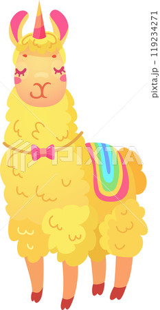 A whimsical cartoon style llama features a unicorn horn and a vibrant rainbow saddle. The llama is yellow with a charming bow showcasing a playful design A whimsical cartoon style llama features a unicorn horn and a vibrant rainbow saddle. The llama is yellow with a charming bow showcasing a playful design 119234271