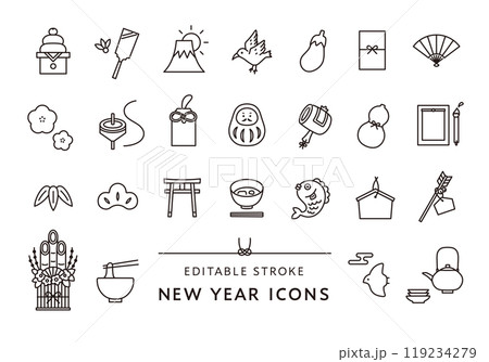 お正月にまつわるアイコンセット（モノクロ） 119234279