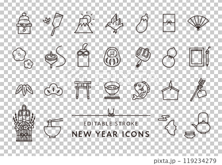 お正月にまつわるアイコンセット（モノクロ） 119234279