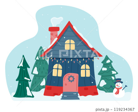 Cute Christmas and winter house. Decorated house on the background of the sky, falling snow, fir trees. Vector illustration in a flat style. 119234367