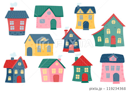 Set of colorful children's houses. Vector illustration in flat style isolated on a white background. Set of colorful children's houses. Vector illustration in flat style isolated on a white background. 119234368