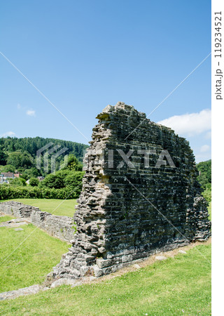 明るい青空の下の歴史的な石造りの崩れた史跡ティンターン修道院の外壁　南ウェールズの郊外にて 119234521