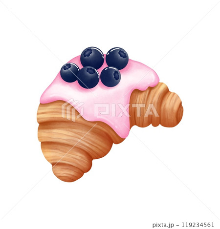 Hand drawn blueberry croissant clipart. Watercolor dessert illustration isolated on white background. Birthday,invitation,cards,greeting,menus,logos. Hand drawn blueberry croissant clipart. Watercolor dessert illustration isolated on white background. Birthday,invitation,cards,greeting,menus,logos. 119234561
