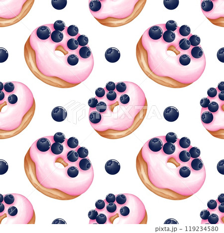 Watercolor seamless pattern sweet blueberry donut.Hand painting on isolated background. For designers, menu, shop, bar, bistro, restaurant, for postcards. 119234580