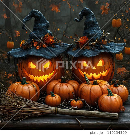 Halloween hyperrealism pumpkins in witch hats 119234599