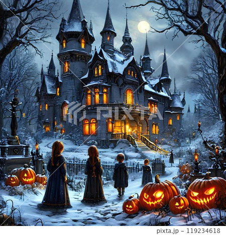 snowy realistic Halloween sketch, children near a gothic house 119234618