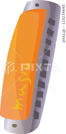 A brightly colored harmonica lies on a flat surface its orange cover gleaming under the light symbolizing the fun and creativity of playing music 119234648