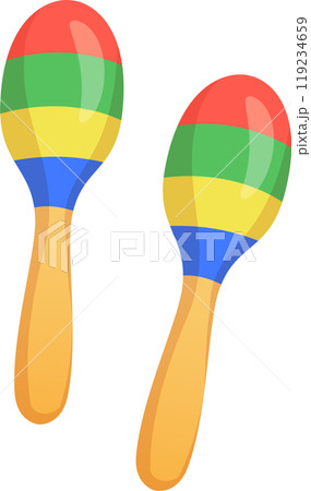Two vibrant wooden maracas with striped colors of red yellow and blue are placed side by side ideal for adding rhythm to a lively musical event or party Two vibrant wooden maracas with striped colors of red yellow and blue are placed side by side ideal for adding rhythm to a lively musical event or party 119234659