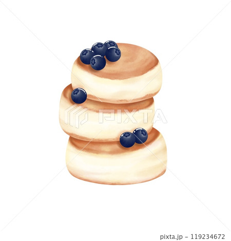 Hand drawn blueberry     syrniki clipart. Watercolor dessert illustration isolated on white background. Birthday,invitation,cards,greeting,menus,logos. 119234672