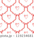 Watercolor seamless pattern red bows. Watercolor red ribbon bow illustration for valentine, christmas, birthday, nursery. Aesthetic watercolor illustration.  For fabric, packaging paper, scrapbooking. 119234681