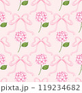 Watercolor aesthetic hydrangea and bow seamless pattern. Hand draw Illustration . For fabric, packaging paper, scrapbooking 119234682