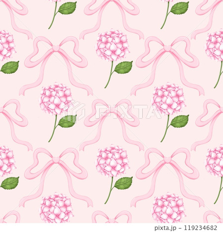 Watercolor aesthetic hydrangea and bow seamless pattern. Hand draw Illustration . For fabric, packaging paper, scrapbooking 119234682
