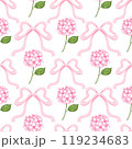 Watercolor aesthetic hydrangea and bow seamless pattern. Hand draw Illustration . For fabric, packaging paper, scrapbooking 119234683