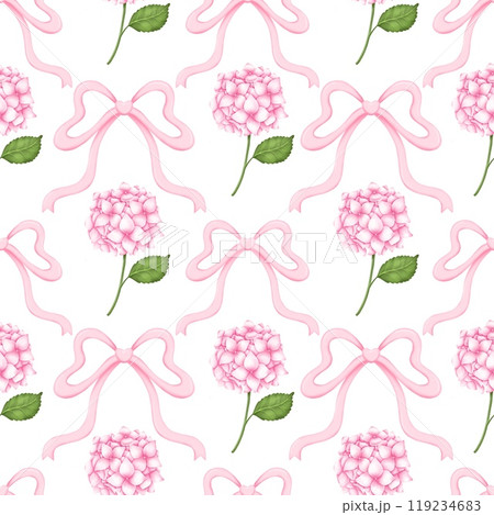 Watercolor aesthetic hydrangea and bow seamless pattern. Hand draw Illustration . For fabric, packaging paper, scrapbooking 119234683