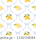 Seamless pattern of lemons and bow. Aesthetic lemon tree branches, lemon fruits and flowers in a beautiful pattern. For fabric, packaging paper, scrapbooking. 119234684