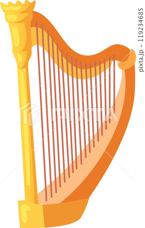 A beautifully designed golden harp stands tall featuring numerous strings that shimmer in the light creating a vibrant musical atmosphere 119234685
