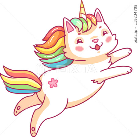 This delightful creature part cat and part unicorn leaps through the air with a vibrant rainbow colored mane showcasing a whimsical and cheerful design 119234708