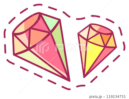 Two vibrant gemstones are illustrated in a heart shape displaying their colorful facets and artistic style symbolizing beauty and elegance 119234731