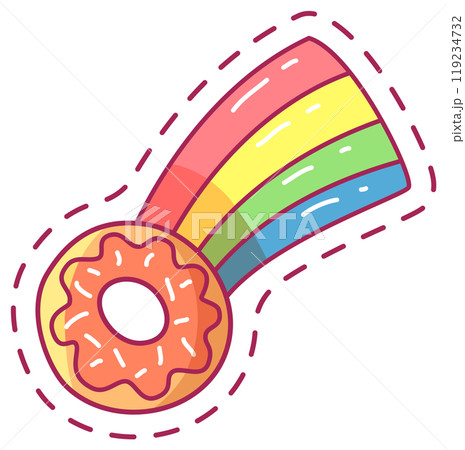A whimsical donut with colorful sprinkles is connected to a vibrant rainbow creating a fun and cheerful atmosphere. The illustration features bright colors and playful lines 119234732