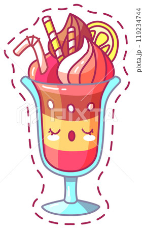 A vibrant sundae features layers of bright colors topped with creamy swirls fruit slices and decorative straws showcasing a delightful treat perfect for summer 119234744